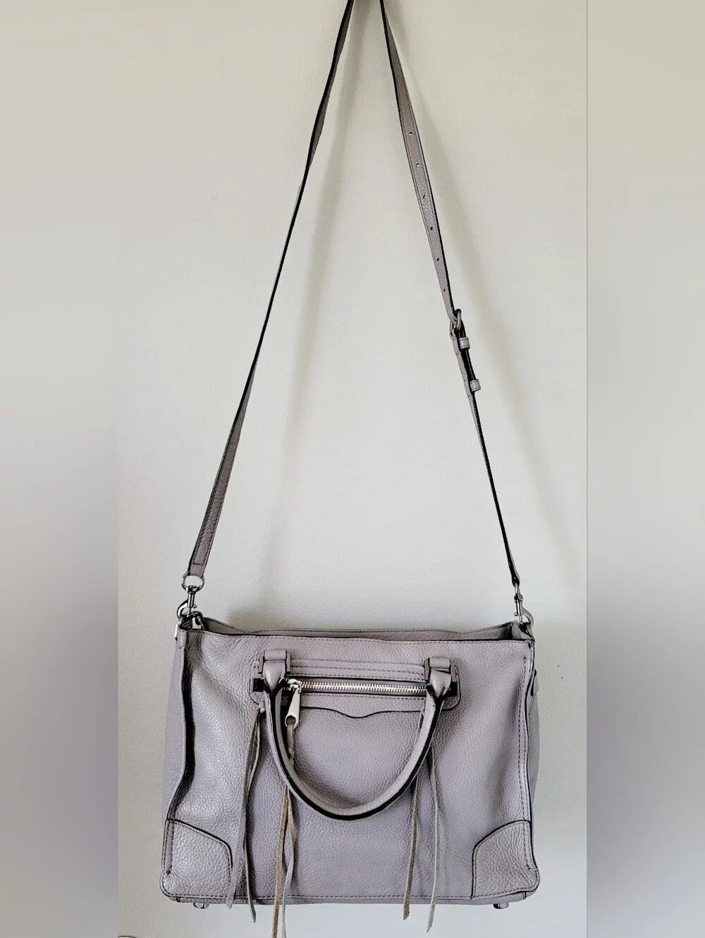Rebecca Minkoff Regan 100% Genuine Pabbled Leather Bag Laptop Size Taupe Gray